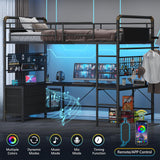 Twin Size Loft Bed with U-Shaped Desk & RGB LED Lights, Twin Loft Metal Bed Frame with Charging Station Bunk loft bed with 3 Drawers, Safety Guard & Ladder, 3 Pegboards, No Box Spring Needed, BlacK CSZZD