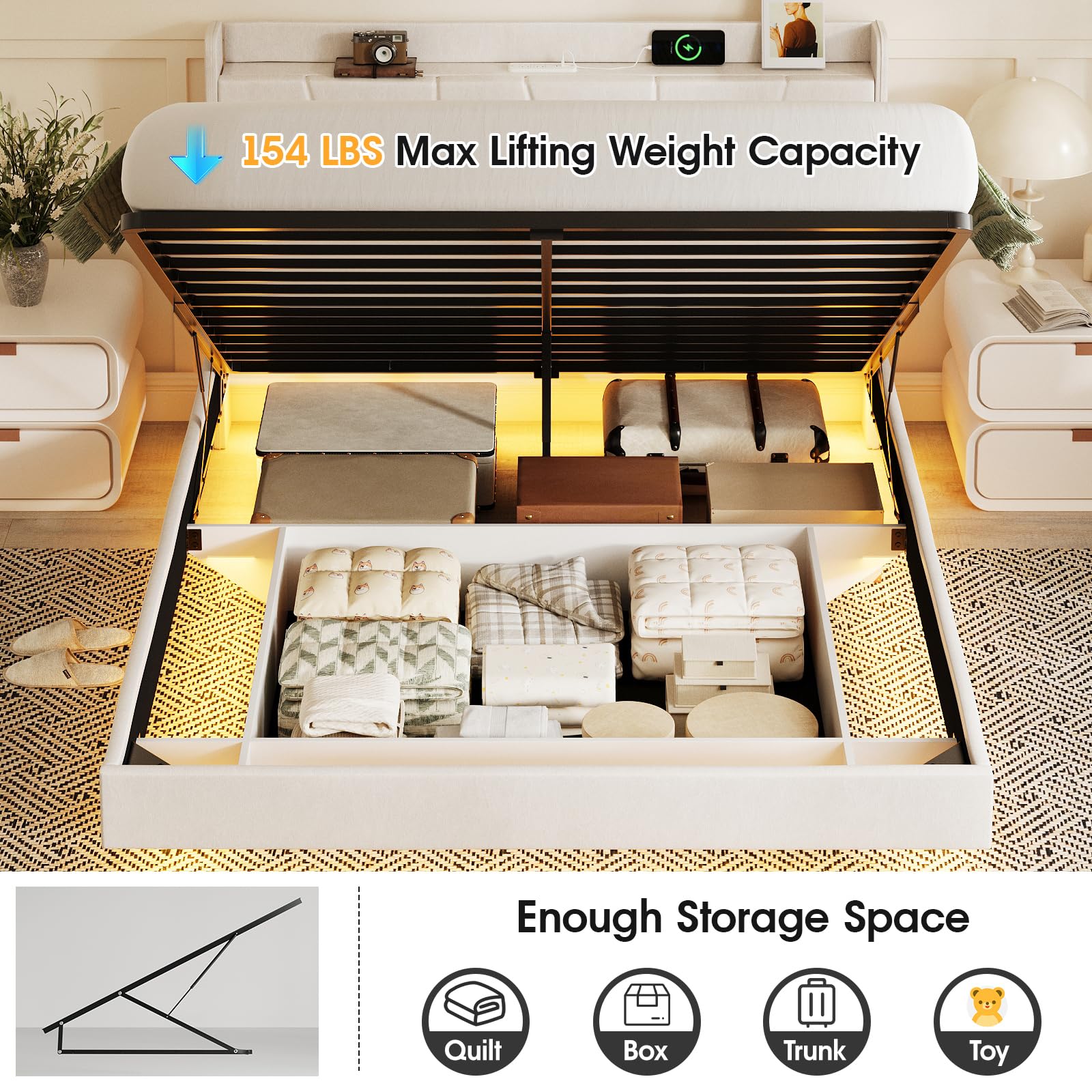 Halitaa King Size Floating Bed Frame with LED Lights, Lift-Up Storage, and Charging Station in White PU Leather - WoodArtSupply