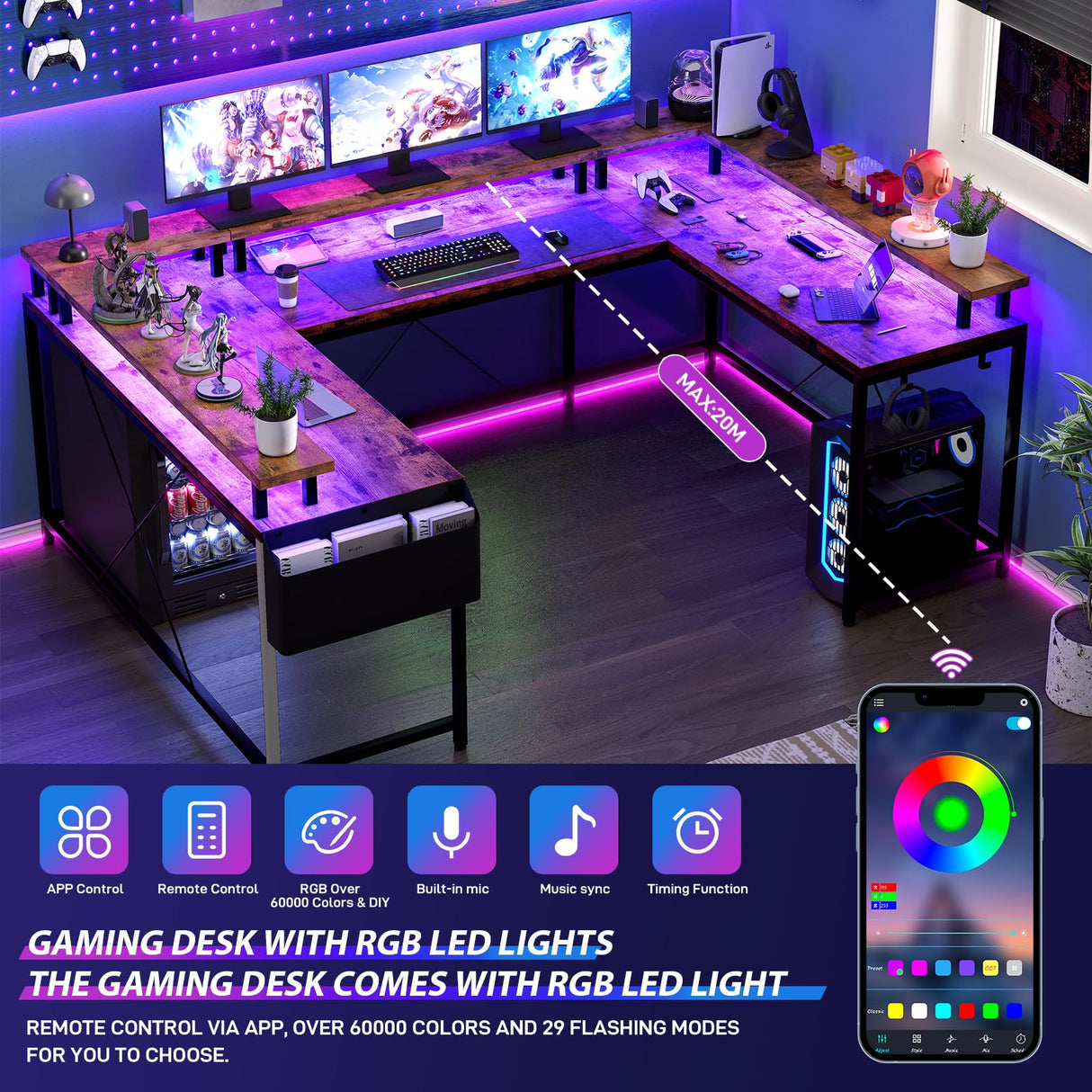 GarveeHome U Shaped Desk with Power Outlets & LED Lights, 79 in Reversible L Shaped Desk, Corner Computer Desk Office Desk with Full Monitor Stand, Rusitc Brown GarveeHome