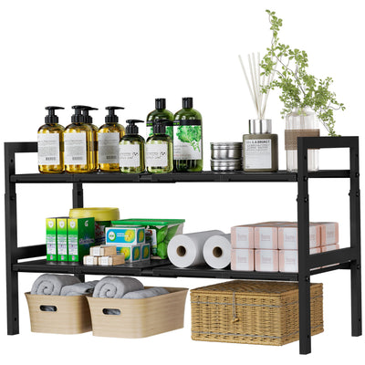 Under Sink Organizer and Storage 16.5"-30.7" Expandable Length, Adjustable Height Under Sink Shelf 2 Tier with 11" Removable ABS Panels & Metal Frame for Bathroom Kitchen Pantry Cabitnet Pot and Pan
