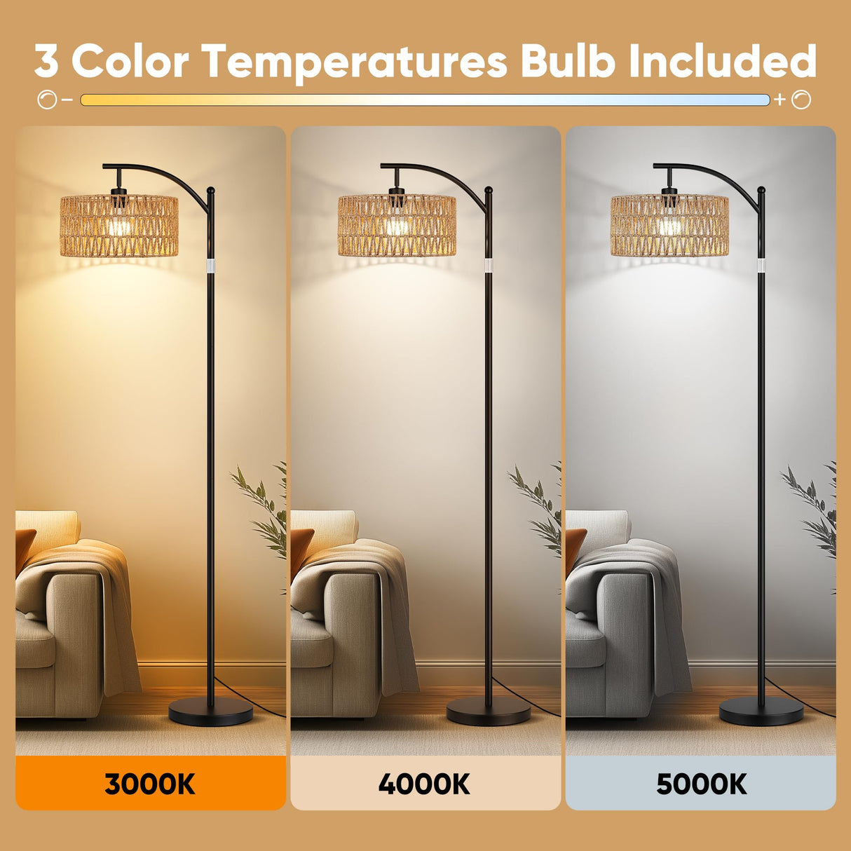 ROTTOGOON Rattan Floor Lamps for Living Room, Boho Standing Lamps with Rattan Shade, Arc Lamps Floor Standing with 9W Bulb, Foot Switch, Black Bohemian Floor Lamps for Bedroom, Office-Drum ROTTOGOON