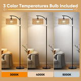 ROTTOGOON Rattan Floor Lamps for Living Room, Boho Standing Lamps with Rattan Shade, Arc Lamps Floor Standing with 9W Bulb, Foot Switch, Black Bohemian Floor Lamps for Bedroom, Office-Drum ROTTOGOON