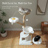 MUTTROS 59" Modern Cat Tree Tower for Large Cats w/2 Flower Perches-Natural Solid Wood Scratching Post with Real Branch-Luxury Boho Cat Furniture w/Condo & Wicker Basket Bed, Cloud White MUTTROS