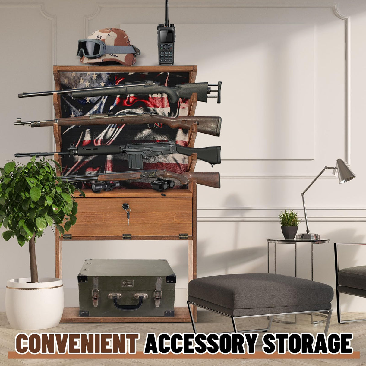 Colingmill Patriotic Wooden Gun Racks for 4 Rifles, American Flag Horizontal Gun Display Stand Cabinet Shelf with Storage Compartment for Shotgun Accessories, 35 x 20 x 13 Inch Colingmill