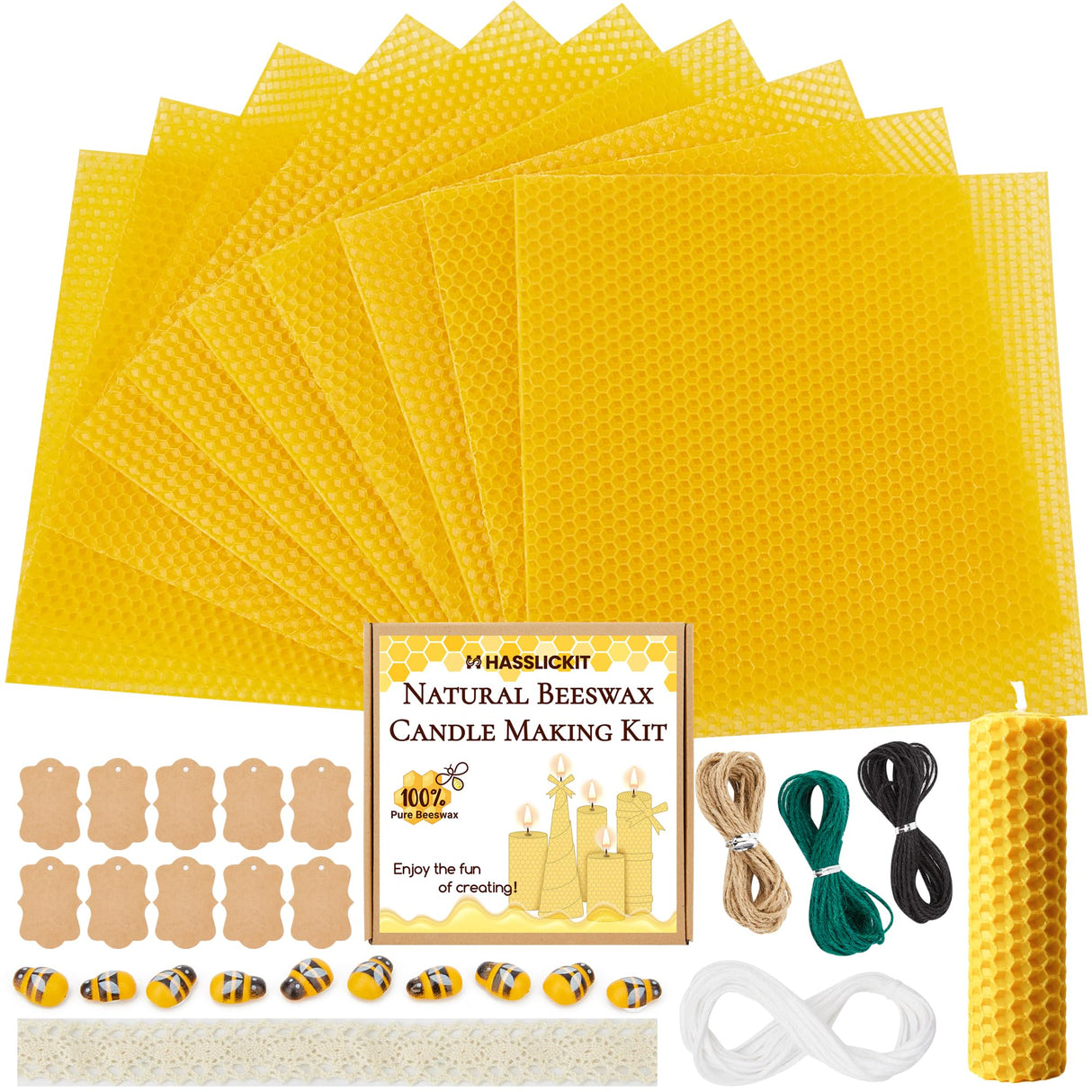 HASSLICKIT Natural Beeswax Candle Making Kit for Kids and Adults-12 Beeswax Sheets for Candle Making Rolling DIY Kits (Natural Yellow Color, 8 x 8 inch) HASSLICKIT