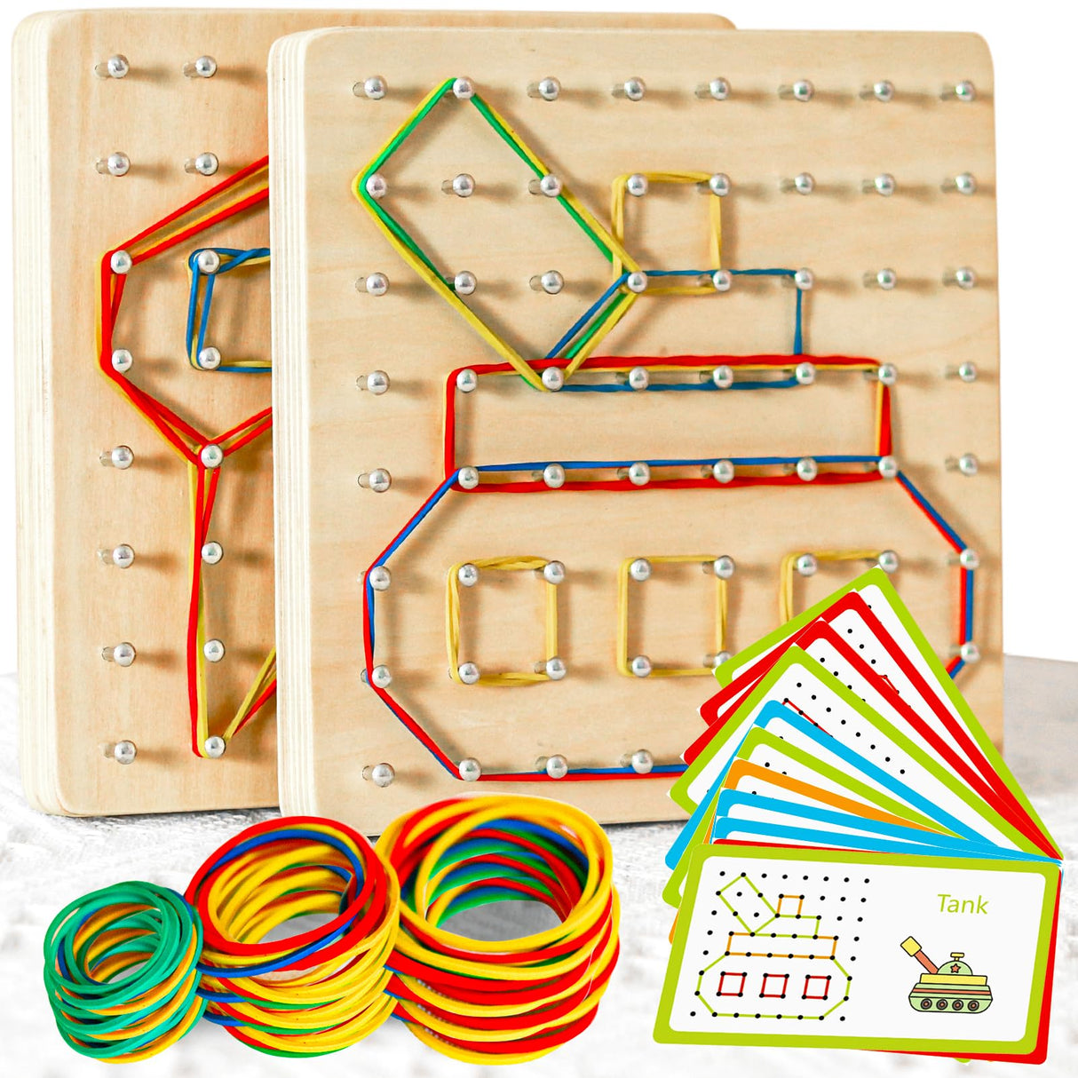 CHEROSIN 2Pack Wooden Geoboard Montessori Toys - Wood Geo Board Manipulative Geoboards for 4 5 6 Year Old Kids with Pattern Cards and Rubber Bands,Educational Peg Board for Boys Girls Ages 3-6 CHEROSIN