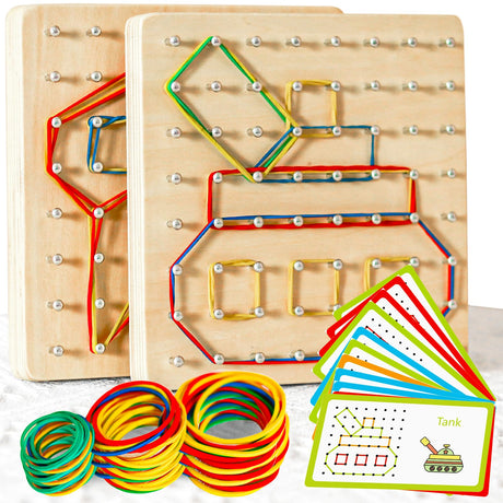 CHEROSIN 2Pack Wooden Geoboard Montessori Toys - Wood Geo Board Manipulative Geoboards for 4 5 6 Year Old Kids with Pattern Cards and Rubber Bands,Educational Peg Board for Boys Girls Ages 3-6 CHEROSIN