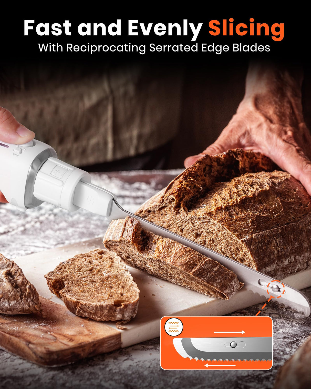 LAUDLIFE Electric Knife, Cordless Cutting Knife, Ergonomic Design with Comfortable Contoured Grip Rechargeable Easy-Slice Electric Carving Blade for Meat Slicing, Bread, Fillet, Turkey, White LAUDLIFE