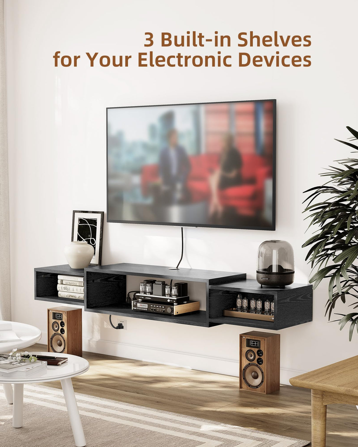 Vicodabo 55" Wall Mounted TV Cabinet with Power Outlet, Floating Wood Media Console for Audio, Video, Game Console, Modern Entertainment Center for Living Room & Bedroom, Black Vicodabo