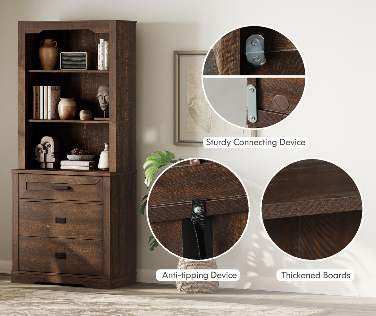 WAMPAT 2 Column 73.3" Tall Bookcase with Chest of Drawers, 63 inch Wide Standing Rustic Bookshelves, Modern Farmhouse Display Storage Cabinet with Adjustable Shelves,Dark Wood Brown WAMPAT