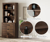 WAMPAT 2 Column 73.3" Tall Bookcase with Chest of Drawers, 63 inch Wide Standing Rustic Bookshelves, Modern Farmhouse Display Storage Cabinet with Adjustable Shelves,Dark Wood Brown WAMPAT