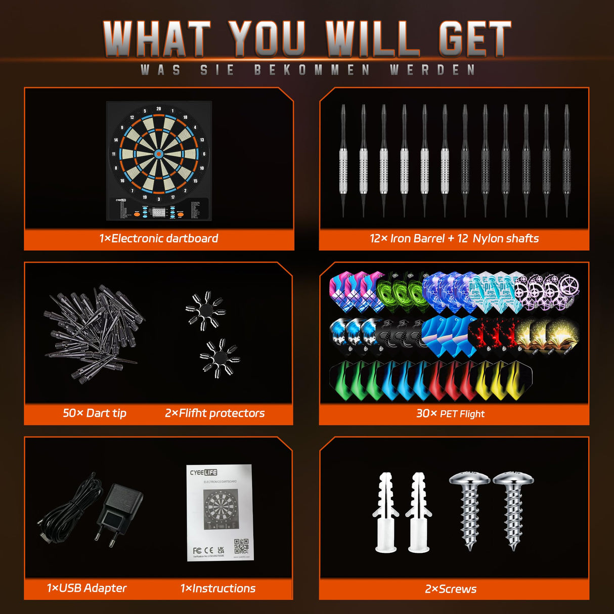 CyeeLife Electronic Dartboard&12 Soft Darts,8 Players&34 Games&255 Variations,Battery/Adapter/3 Languages Switching for Professional Dart Games CyeeLife