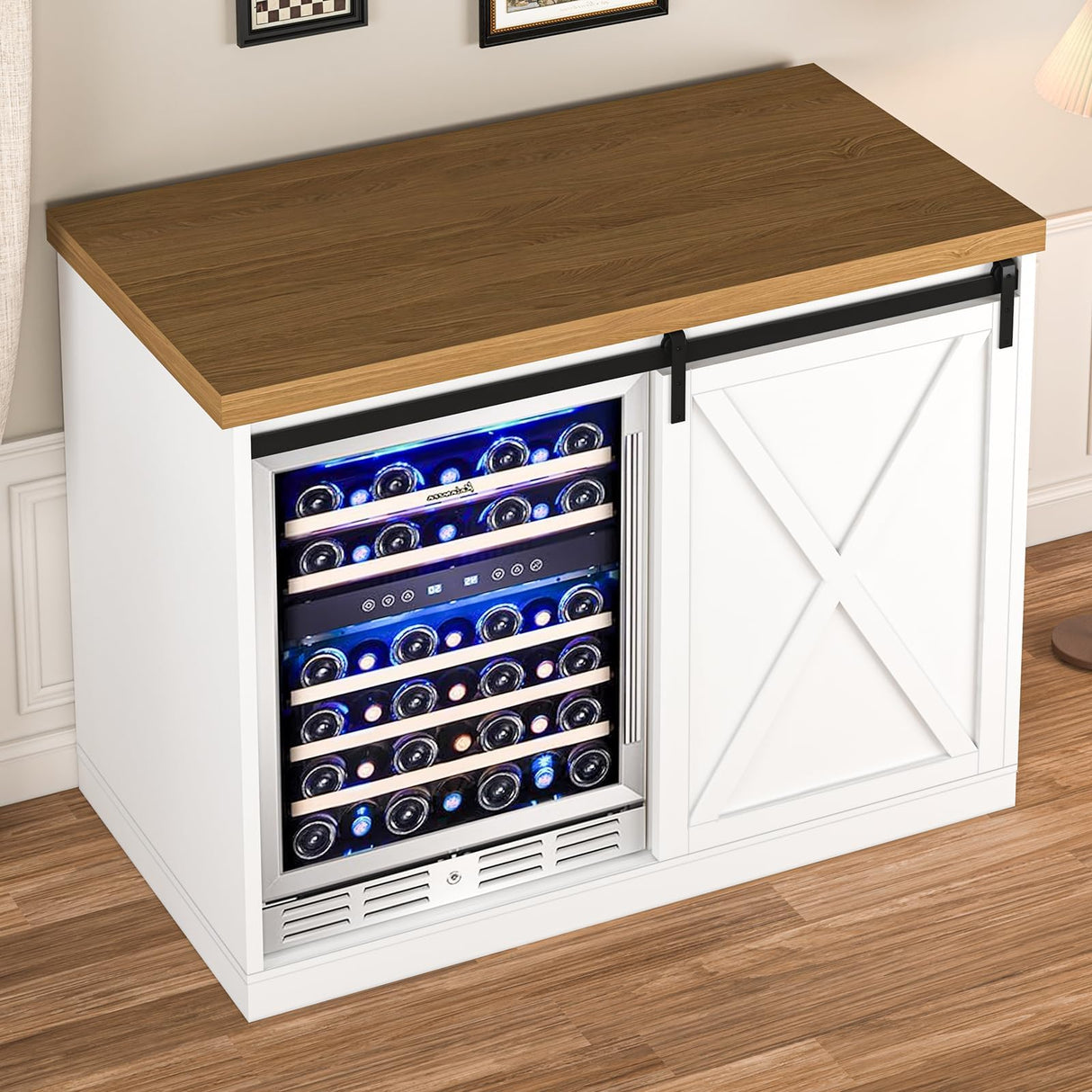 JassmiPkwy Coffee Bar Cabinet with Fridge Space, Farmhouse Wine Cabinet with Rack, Power Outlet for Kitchen Dining Room Living Room, White JassmiPkwy