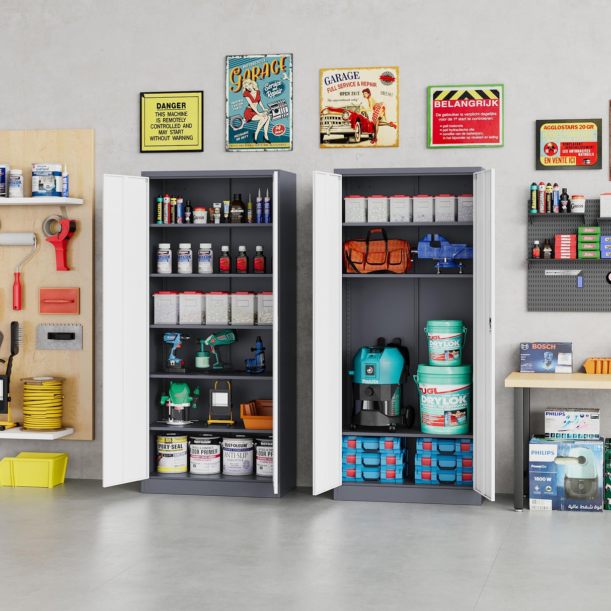 NODHM Metal Garage Storage Cabinets with Lock, 72" Storage Cabinet with Doors and Adjustable Shelves Tool Garage Cabinet for Home,Office,Warehouse (Gray & White) NODHM
