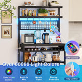 Itaar Bakers Rack with Power Outlet, 6-Tier Coffee Bar, Microwave Stand with Wine Rack, LED Lights and 10 Hooks, Bakers Racks for Kitchens with Storage, Black Itaar