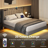 GarveeHome Queen Floating Upholstered Bed Frame with Charging Station, LED Lights & Storage Headboard in Grey GarveeHome
