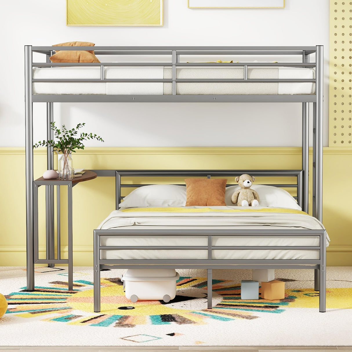 Metal Twin Over Full Bunk Bed Frame with Desk, Loft Platform Mattress Foundation with Steel Slat Support Storage Space Merax