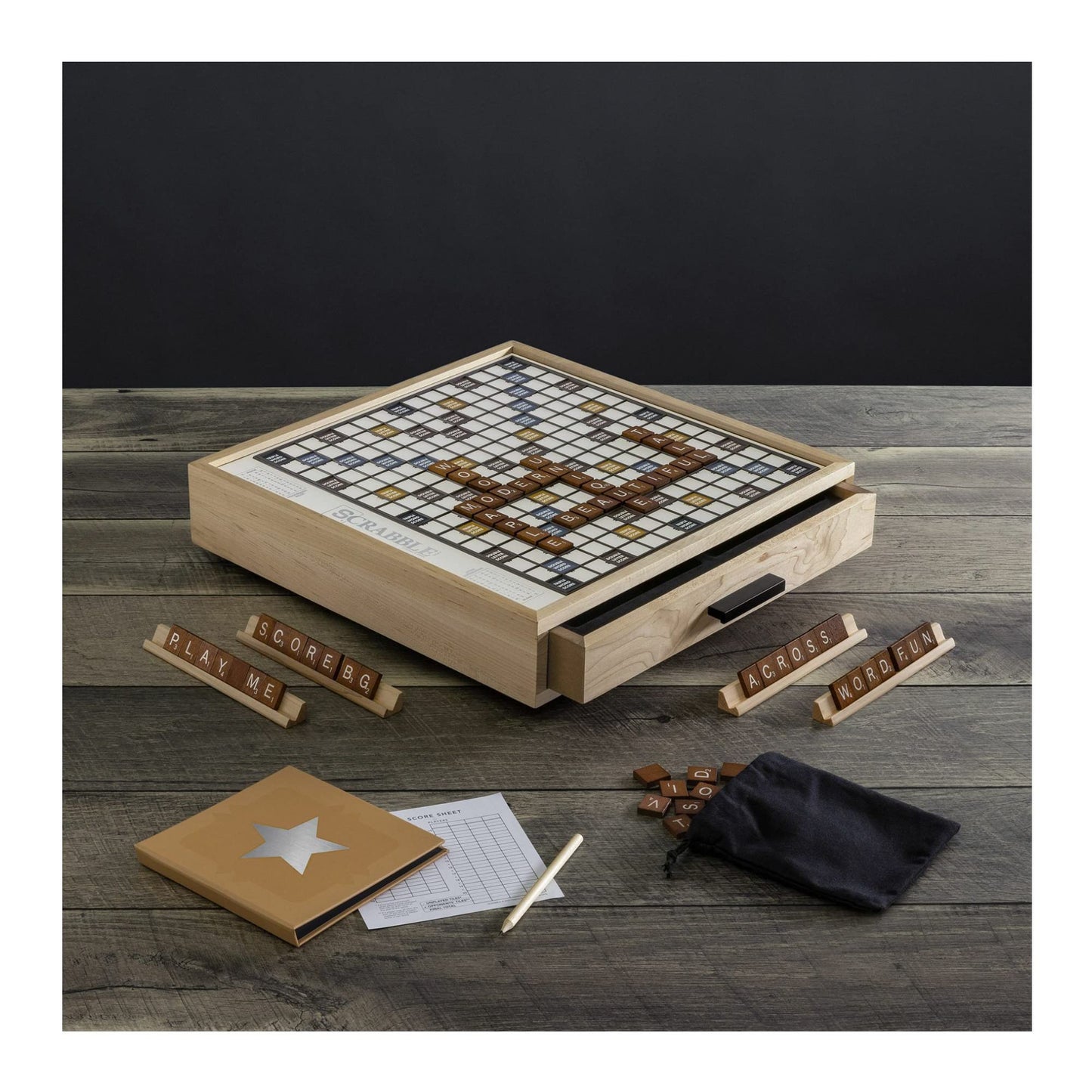 WS Game Company Scrabble Luxe Maple Edition with Rotating Solid Wood Cabinet - WoodArtSupply