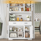 FACBOTALL Tall Kitchen Pantry Cabinet, Farmhouse Food Pantry Cabinet with Doors and Adjustable Shelves, Kitchen Hutch with Countertop and Microwave Stand for Dining Room, Living Room, White FACBOTALL