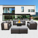 Valita 7 Pieces Patio Furniture Set,9-Seats Outdoor Wicker Sectional Sofa Brown Rattan Modular Patio Conversation Chair Set with 50000 BTU Fire Pit Table,Washable Cushions(Grey) Valita