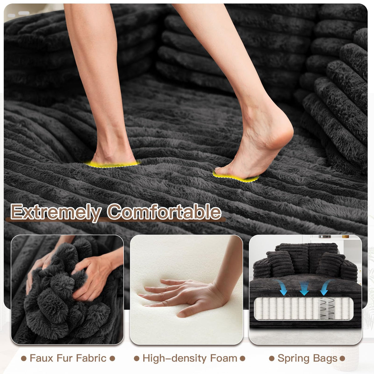 JEEOHEY 56"W Oversized Chaise Lounge Chair Indoor,Plush Faux Fur Sleeper Sofa Couch Bed with Pillows&Wide Armrest,Fluffy Comfy Cloud Sofa,Compression Foam Boneless Couch for Living Room,Bedroom(Black) JEEOHEY