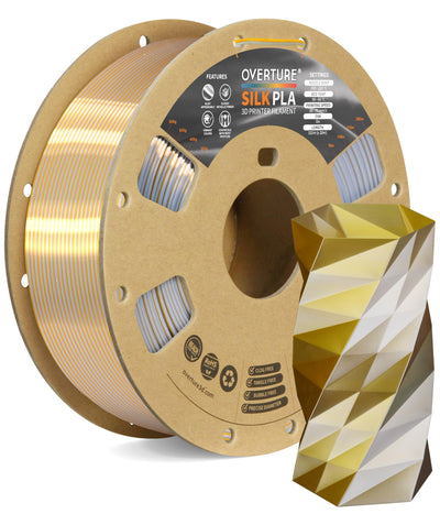 OVERTURE Silk PLA 1.75mm Dual Color Filament, Clog-Free Shiny 3D Printer Filament, 1kg Spool(2.2lbs), Dimensional Accuracy +/- 0.02 mm, Fit Most FDM Printer(Silk Gold-Silver)