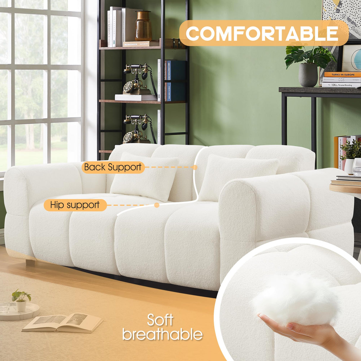 PINSOLID 80" Modern Sofa Couch, Comfy Deep Seat Lambswool Cloud Sofa, Upholstered 3-Seater Boucle Couch, Oversized Loveseat for Living Room, Bedroom, Office, Apartment(White) PINSOLID