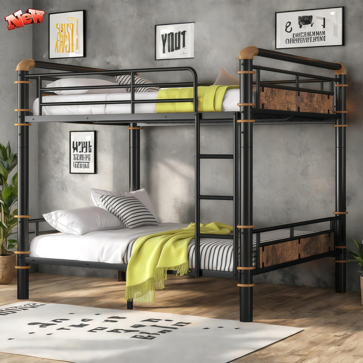 FUSVZ Heavy Duty Metal Full Over Full Bunk Beds for Adults Kids Teens, Convertible Industrial Bunk Bed Full Over Full Size with Guard Rails & Soft-Pack Vertical Ladder, Weight Capacity 600LBS (Black) FUSVZ