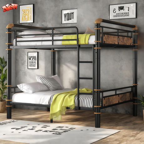 FUSVZ Heavy Duty Metal Full Over Full Bunk Beds for Adults Kids Teens, Convertible Industrial Bunk Bed Full Over Full Size with Guard Rails & Soft-Pack Vertical Ladder, Weight Capacity 600LBS (Black) FUSVZ