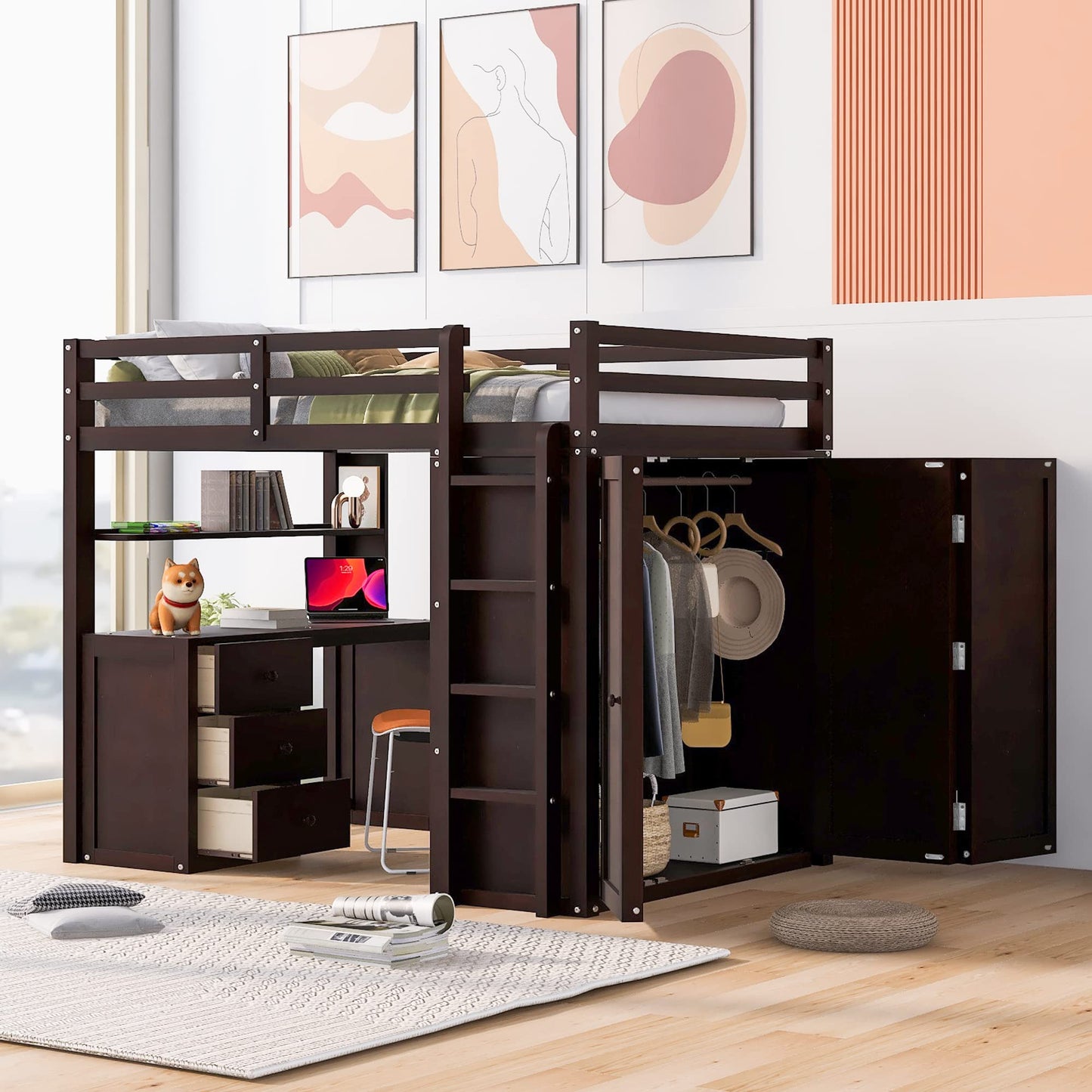 SOFTSEA Espresso Full Size Loft Bed with Wardrobe, Desk, and Drawers for Optimal Space Utilisation - WoodArtSupply