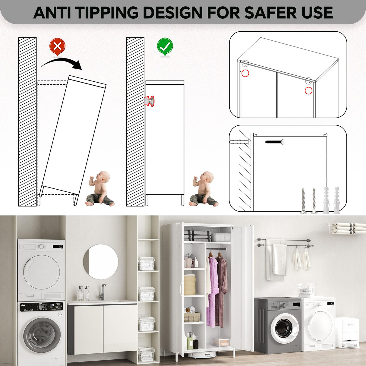 MIOCASA Metal Armoire, Wardrobe Closet Cabinet with 1 Hanging Rod and 4 Shelves Steel Storage Locker Clothes Organizer for Bedroom, Changing Room, Laundry Room, Office - White MIOCASA