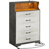 LIKIMIO 5-Drawer Wood Dresser with LED & USB Charging, Mid-Century Modern Farmhouse Bedroom Storage Cabinet, Rustic White w/Safety Strap, 48.4" Tall (15.7" D x 31.5" W) for Nursery, Living Room LIKIMIO