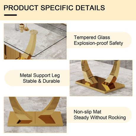 JEARGE Glass Dining Table Set for 6, Modern Kitchen Table Set for 6, 71" Tempered Glass Tabletop with U-Shaped Gold Base, 7 Ppiece Large Dining Room Table Set with White PU Leather Chairs JEARGE