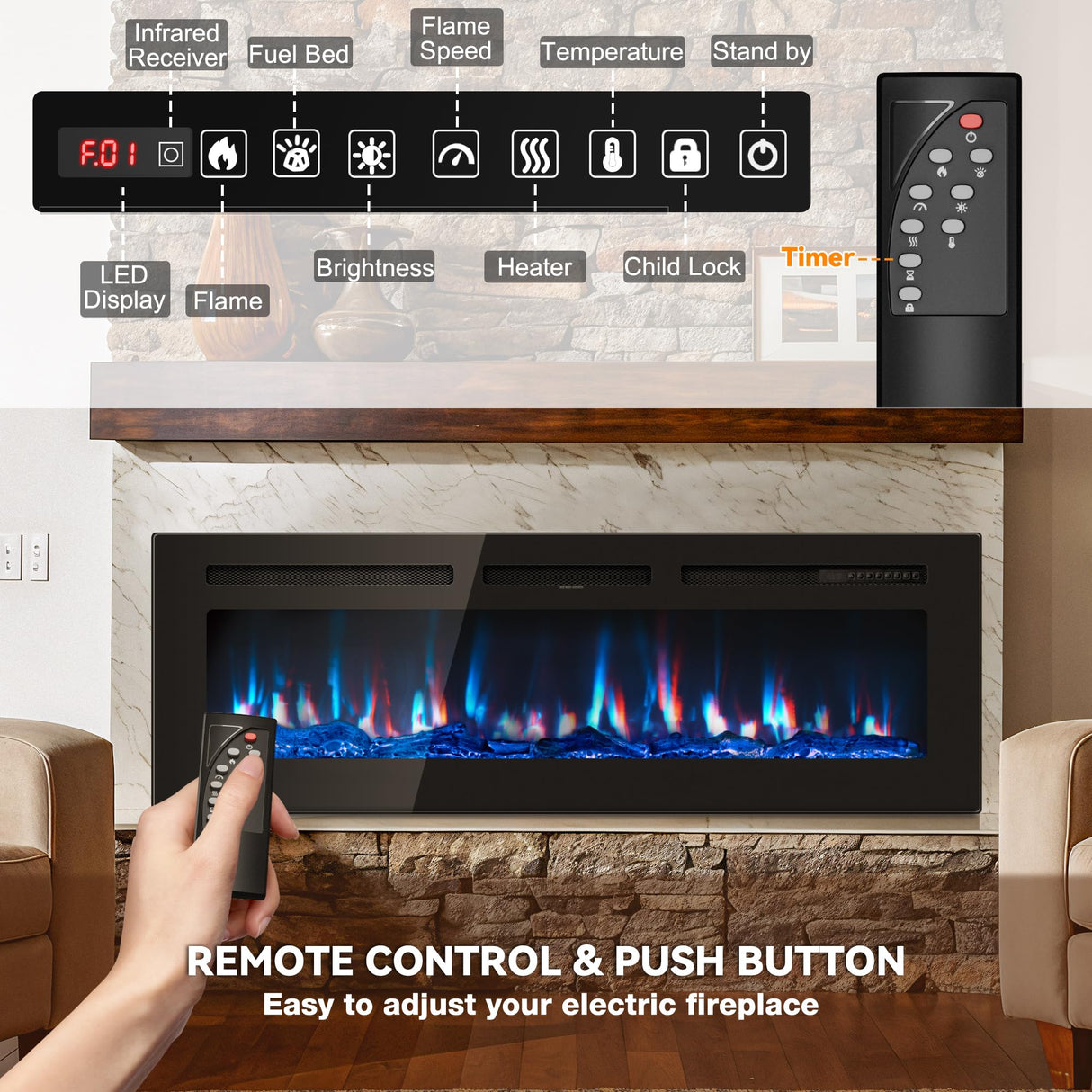 Manastin 60 inch Electric Fireplace in-Wall Recessed and Wall Mounted with Remote Control, 1500/750W Fireplace Heater (60-99°F Thermostat) with 12 Adjustable Color, Timer, Log and Crystal Manastin