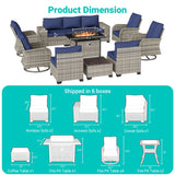 Muphyers 13-Piece Outdoor Patio Furniture Set with Rocking Swivel Chair, PE Wicker Rattan Sectional Sofa Patio Conversation Set with 55,000 BTU Fire Pit Table & Coffee Table, Navy Blue Muphyers