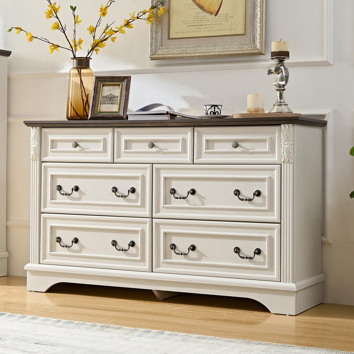 BOSHIRO 7 Drawers Dresser, Farmhouse Dressers for Bedroom, 54" Wide Wood Rustic Chest of Drawers with Carved Pilasters, Storage Organizer, Living Room, Hallway, Antique White BOSHIRO