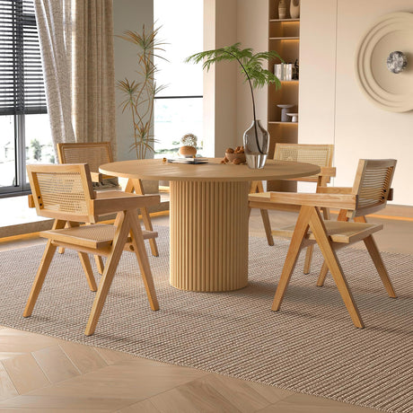 comfy to go Rattan Dining Chairs Set of 4, Wooden Armchair Cane Kitchen Chairs with Arms, Light Walnut Color comfy to go