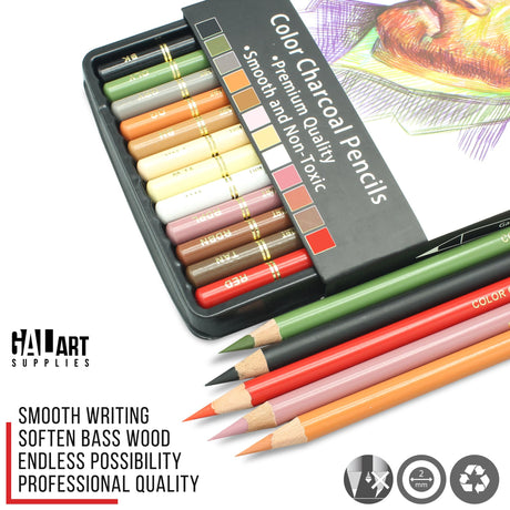 Galart Colorful Charcoal Pencils for Drawing Set- 12 Pieces Pre-Sharped Pastels and Chalk Pencils with organizer tray for Superior Shading, Seamless Blending, Vibrant Coloring Galart Supplies