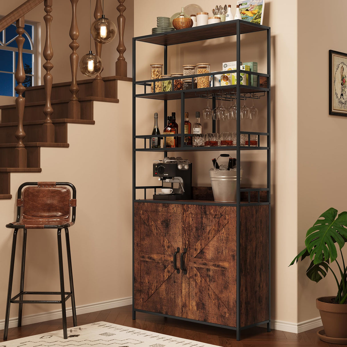 GarveeHome Tall Bar Cabinet 70.8" in Wine Cabinet Freestanding Liquor Cabinet with Goblet Holder 5 Tier Bakers Rack with Cabinet Large Baker Rack with Storage Standing Microwave Stand Wine Rack GarveeHome