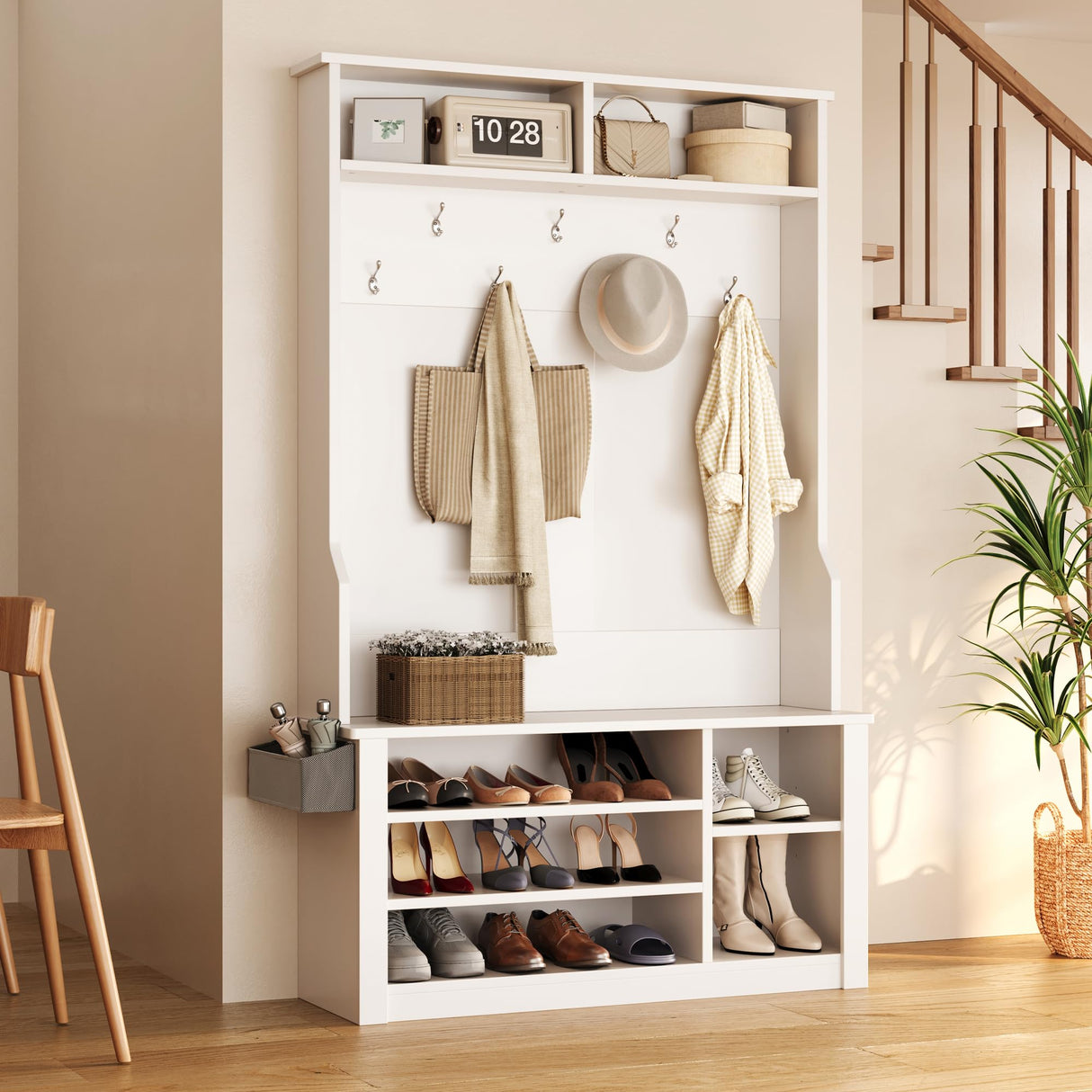 Aiho Hall Tree with Bench and Shoe Storage, 3-in-1 Entryway Bench with Coat Rack, Hall Tree with Bench with Adjustable Shoe Storage, 2-Tier Top Storage, for Entryway, Hallway, White Aiho