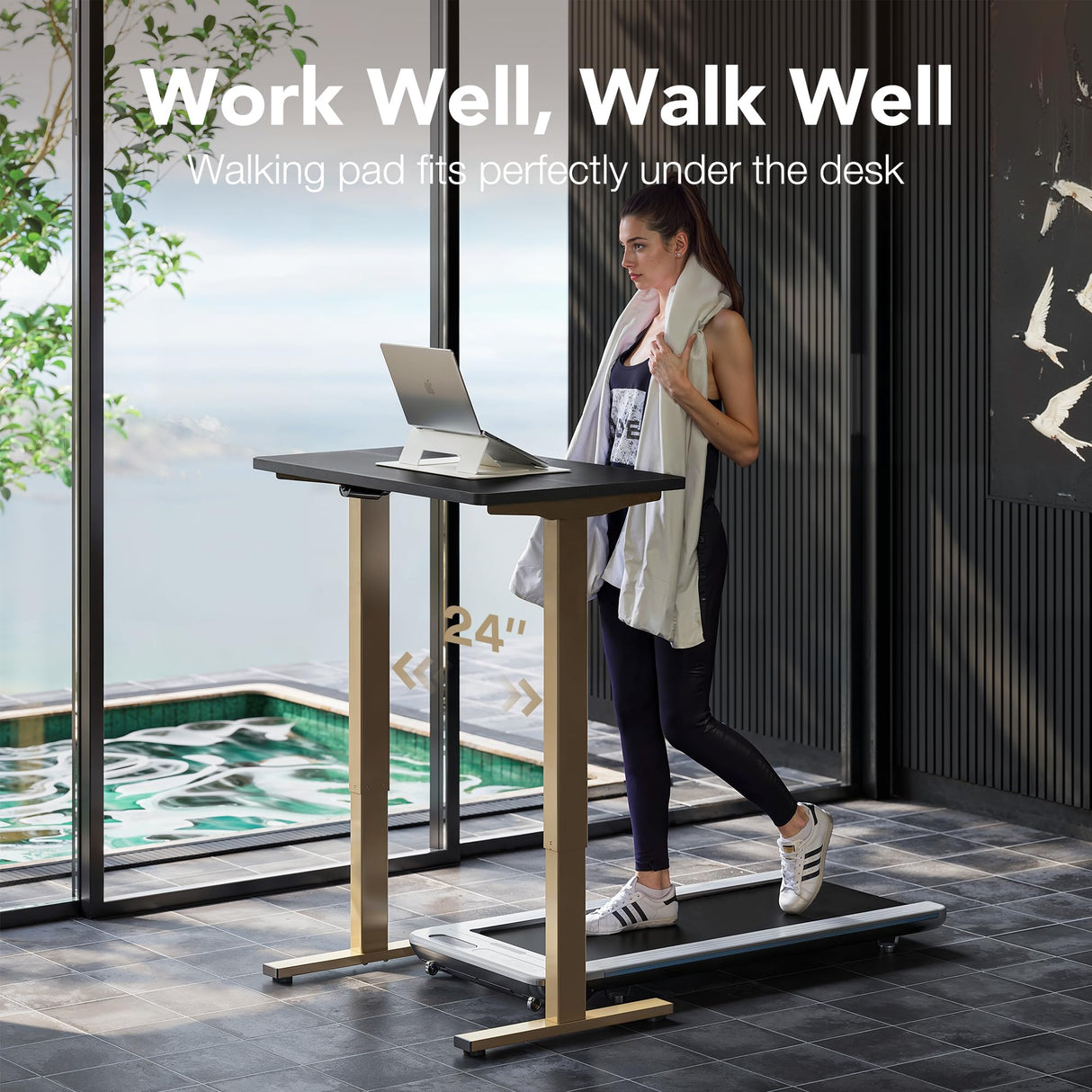 HUANUO 32" Small Electric Standing Desk Adjustable Height, 4 Memory Height Settings, Sit Stand Up Desk for Home Office & Computer Workstation, Black and Gold Frame HUANUO