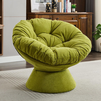 Papasan Chair with Cushion and Frame, 360° Swivel Accent Chair, Comfy Chenille Upholstered Round Modern Oversized Reading Lounger with Metal Base Lazy Chair for Bedroom, Living Room, Olive Green