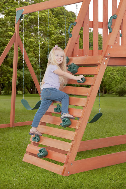 Cedar Chalet Wooden Backyard Playset | W: 213" D: 109" H: 111" | w/ 2 Belt Swings & Trapeze | Kids Age 3-10 | Sandbox, Slide & Climbing Wall | DIY Assembly | ASTM Standards | 10-Year Warranty on Wood