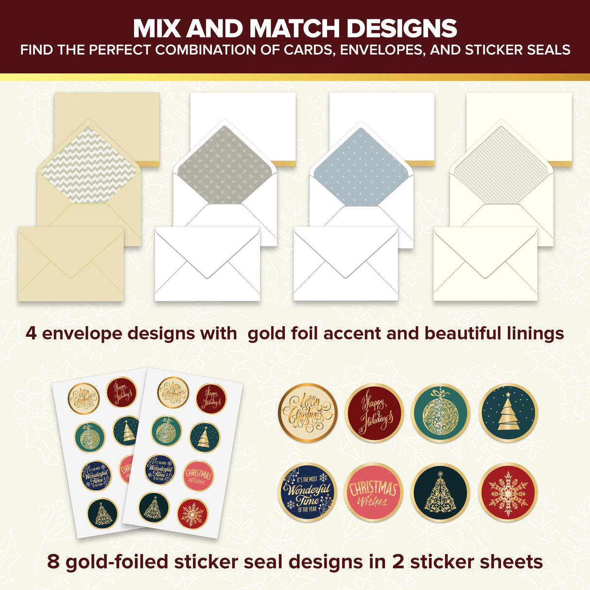 Decorably 16 Pack Gold Foil Embossed 5x7in Merry Christmas Cards with Envelopes and Stickers, 8 Elegant Designs Assorted Christmas Cards Boxed with Envelopes, with Printed Message Inside Decorably