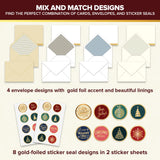 Decorably 16 Pack Gold Foil Embossed 5x7in Merry Christmas Cards with Envelopes and Stickers, 8 Elegant Designs Assorted Christmas Cards Boxed with Envelopes, with Printed Message Inside Decorably