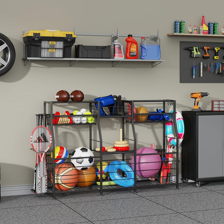 LUMAMU Small Garage Sports Equipment Organizer,Ball Storage Rack with Elastic Rope,Garage Organizer System, Indoor/Outdoor Shelf Rack for Sports Gear and Toys Storage LUMAMU