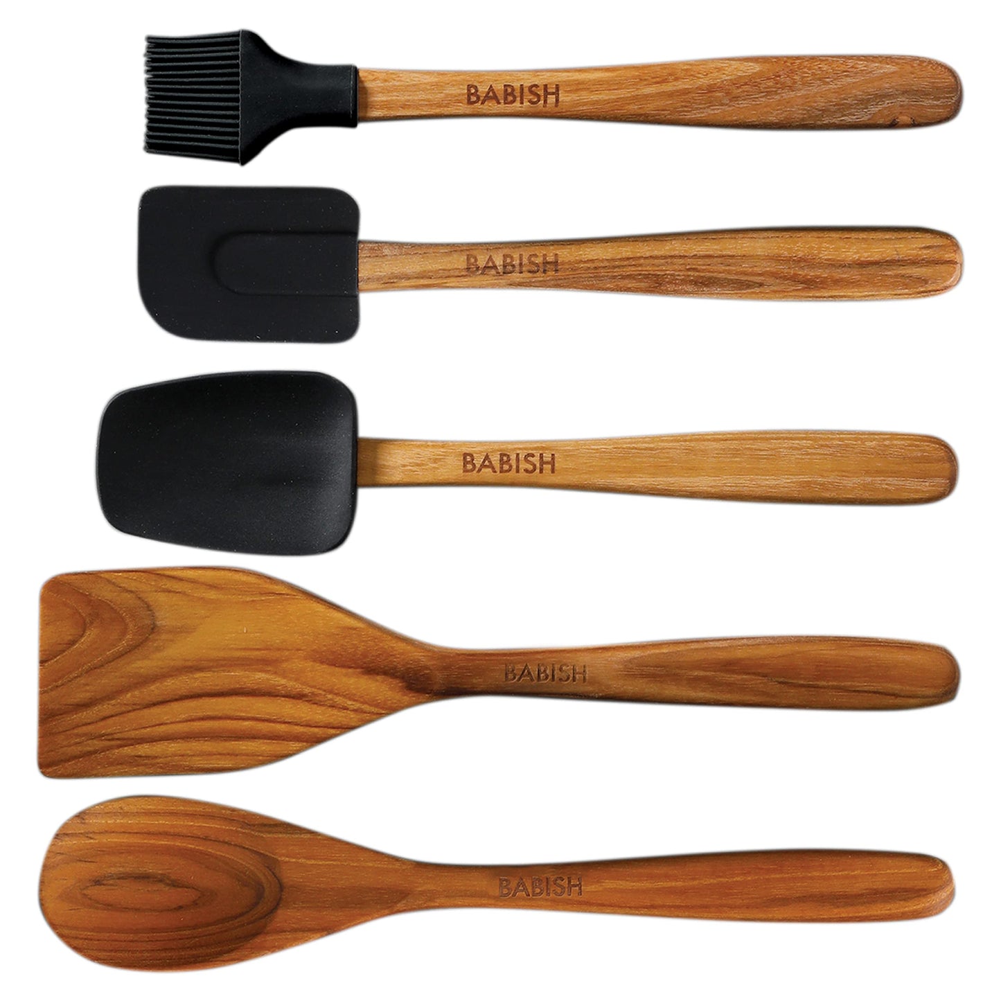 Babish 11 Piece Essential Teak Wood, Silicone, and Stainless Steel Tool Set