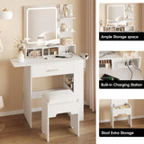 Vabches Makeup Vanity with Mirror and Lights, Small Vanity Desk with with Drawer Lots Storage, Vanity Set with Storage Drawer, Chair and Three Shelves, White Vabches