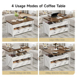 ONBRILL Farmhouse Lift Top Coffee Table with 2 Storage Drawers, Rustic Center Table with Large Hidden Storage Compartment,Storage Coffee Table Converts to Dining Table for Living Room, Brown and White ONBRILL