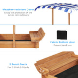 Kids Sandbox with Adjustable Cover and Foldable Bench Seats, 46''x46'' Outdoor Wooden Sandpit for Backyard Play SoliWood